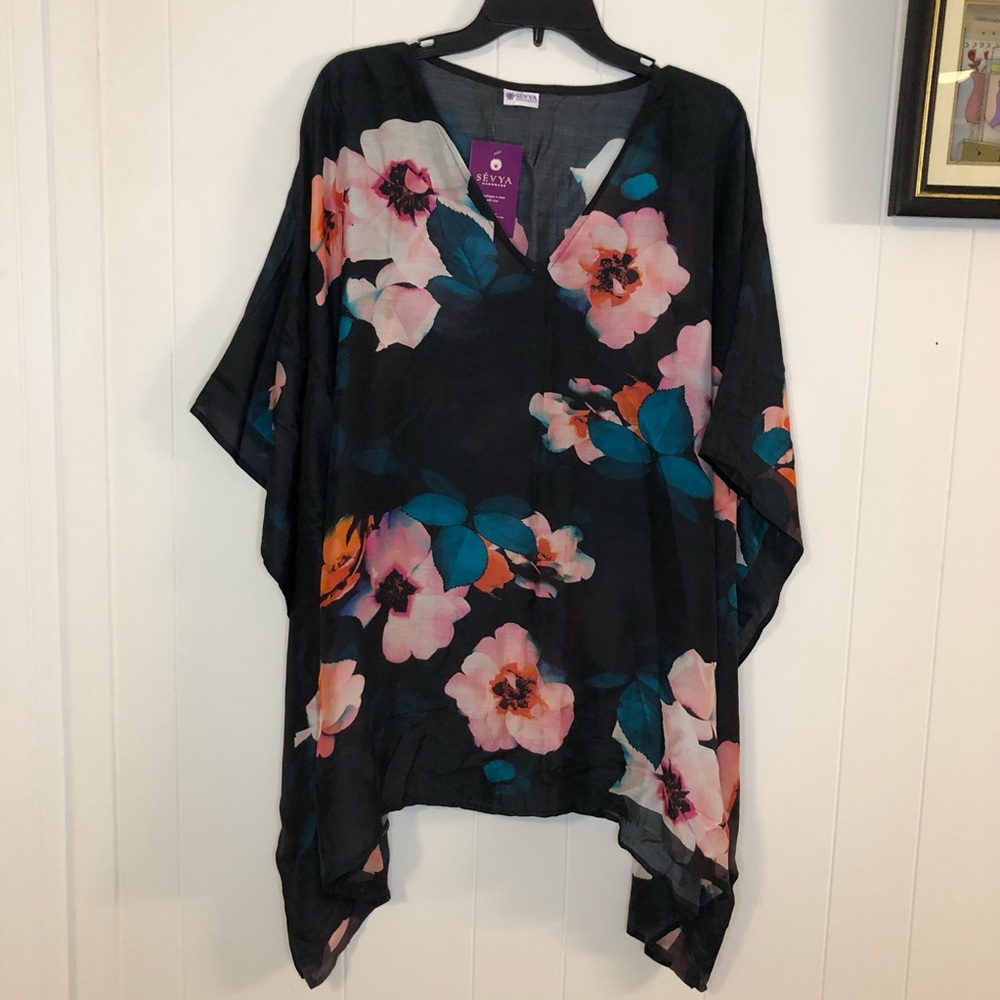 Sheer Black Floral Wrap Scarf with Pink & Teal Blooms